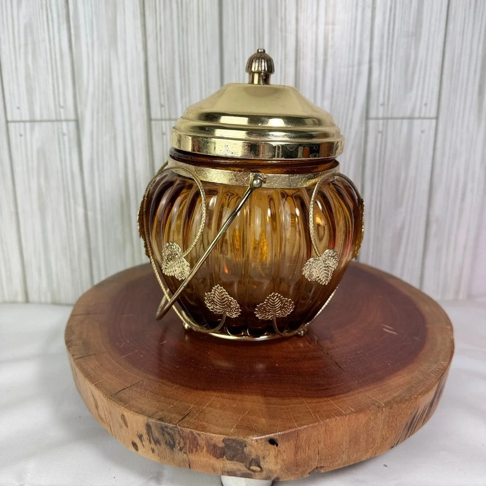 Vintage‎ Amber Glass Musical Biscuit Jar Swan Lake Japan Gold Grape Filigree